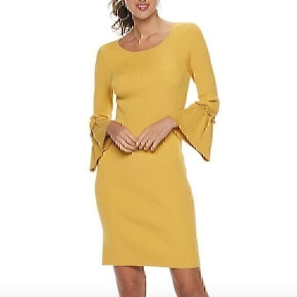 NEW NWT NINA LEONARD Bell Sleeve Ribbed Sweater Dress Mustard Yellow Knee Length - Picture 1 of 12